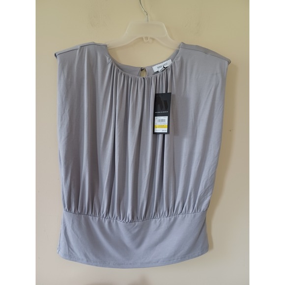 Nine West NWT Top Gray Cap Sleeve Keyhole Ruched Soft Stretch Party Casual Sz M - Picture 1 of 7